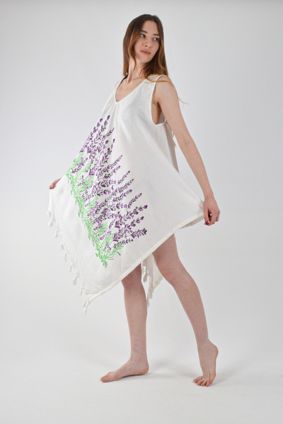 REİNA TEKS Сукня з асиметричним кроєм, з лавандовим візерунком, бавовняна віскозна пляжна сукня, 1 шт. Парео Beachwear