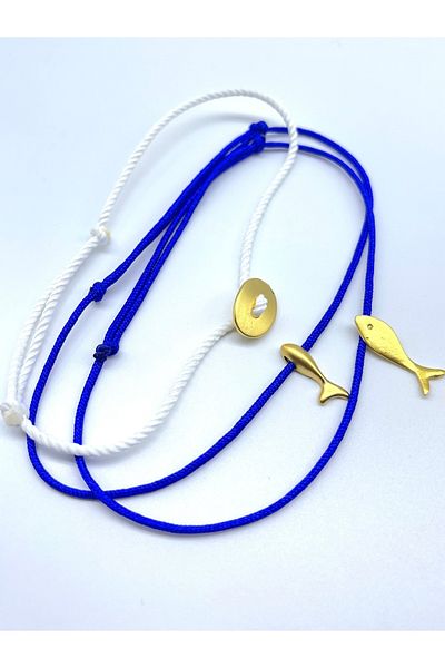 Concept HuBuTU 3 Pieces Minimal Fish Luck Matte Gold Figured Midnight Blue White Rope Summer Anklet Set