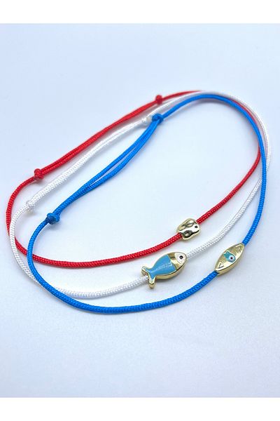 Concept HuBuTU 3 Pieces Minimal Fish Evil Eye Luck Figured Red Blue White Rope Summer Anklet Set
