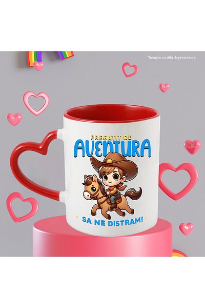 StoryGift Romania Cana cu Baiat Cu Palarie De Cowboy Si Insigna Calare Cal Text Pregatit De Avent, Cu Maner Inim
