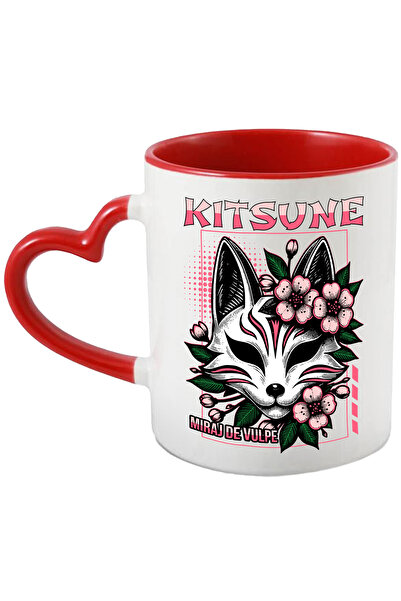 StoryGift Romania Cana Masca Japonia traditionala Kitsune Miraj de vulpe, 330ml, Ceramica cu Maner, Cu Maner Inim