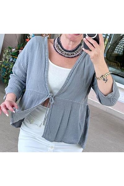 Rosidam Long Sleeve Linen Cardigan with Tie Front Detail