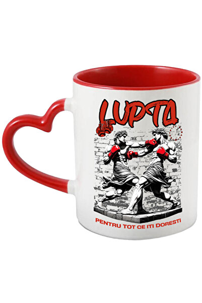 StoryGift Romania Cana cu Meci De Box Intre Statui Masculine Stil grecesc Manusi Rosii Sport Conta, Cu Maner Inim