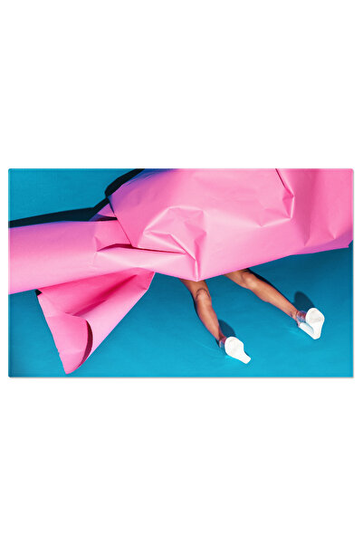 StoryGift Romania Tablou Canvas Atmosfera Retro Modelul Culcat Sub Hartie Roz Pe Fundal Albastru, O Evocare A Ani