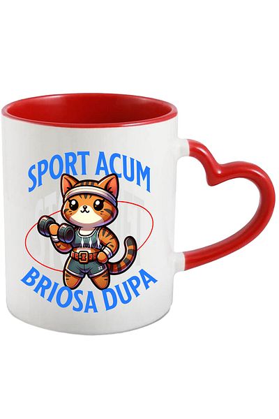 StoryGift Romania Mug with Cat Tiger Style Gym Dumbbell Sport Motivational Diet Sport Now Muffin, With Heart Handle