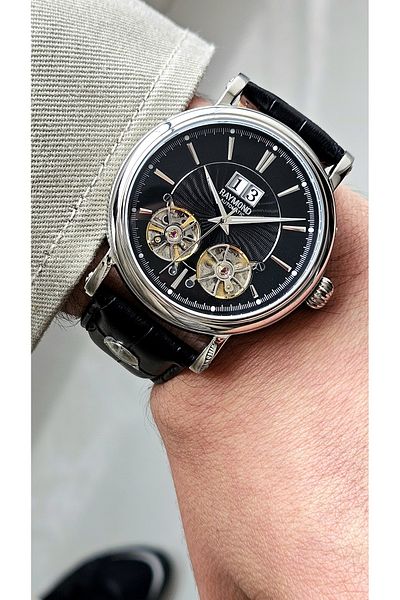 Raymond Rym-33002 Raymond Automatic Double Turbulon Mens Wristwatch - Stainless Steel Case and Leather Band