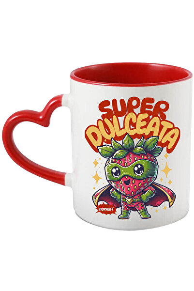 StoryGift Romania Cana cu Super Erou Capsuna Cu Capa Rosie Text Super Dulceata, Ceramica, 330ML, c, Cu Maner Inim