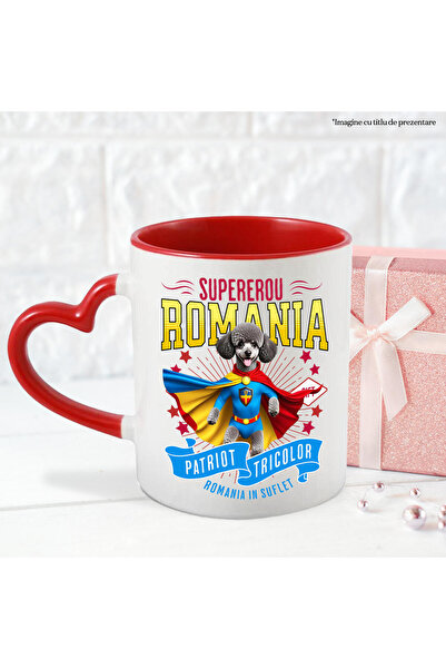 StoryGift Romania Mug with Poodle / Poodle Dog in Captain Romania Costume with Cape, Hero of the Night, with Heart Handle STG