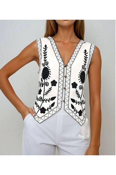 DİMA Patterned Strappy Linen Blend Vest