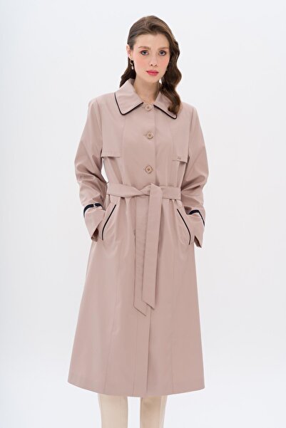 Olcay Shirt Collar Piping and Cape Detailed Large Size Trench Coat A.Kamel 4301