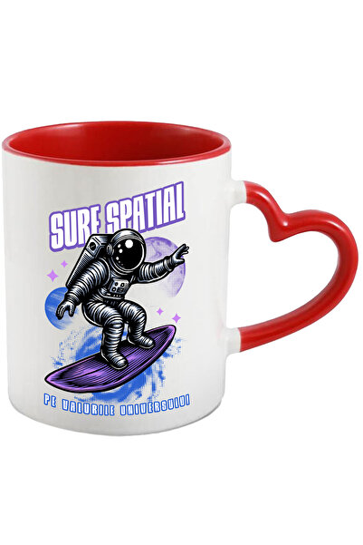 StoryGift Romania Cana Astronaut pe placa de Surf spatial. Pe valurile universului, 330ml, Ceramic, Cu Maner Inim