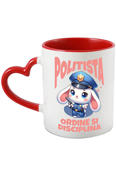 StoryGift Romania Cana cu Iepure Alb Cu Urechi Lungi Tinuta Politie Aparare Insigna Arma Text Poli, Cu Maner Inim