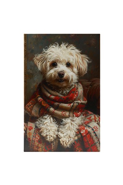 StoryGift Romania Tablou Canvas Fericitul Caine Cu Blana Alba Si Ochi Caprui Luminati Infasurat In Patura Caldur