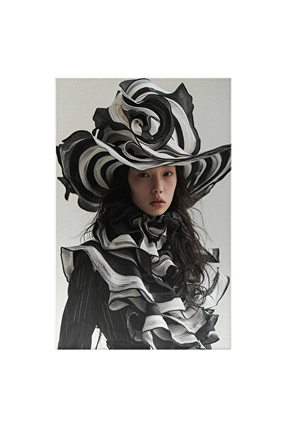 StoryGift Romania Tablou Canvas Fata In Tinuta Alb-negru Cu Palarie Mare Si Par Saten Lung Cu Ochii Mici Si Pist