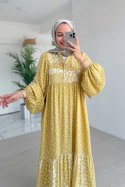 Ka Hijab Çiçek Desenli Kuşaklı Elbise - Sarı
