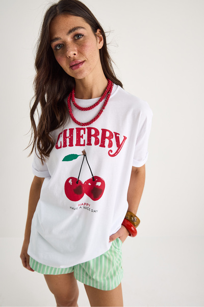 Bianco Lucci Γυναικείο μπλουζάκι Cherry Printed Oversize Basic βαμβακερό 04025 60284052