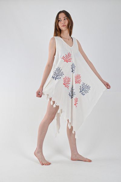 REİNA TEKS Bell Dress Red-Blue Coral Print Asymmetric Dress Cotton Viscon Beach 1Pc Pareo Beachwear
