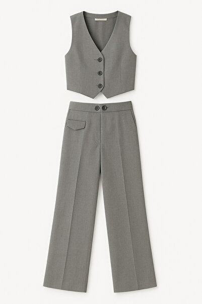 DTBUTİK Kadın Gri Palazzo Pantolon Yelek Takımı