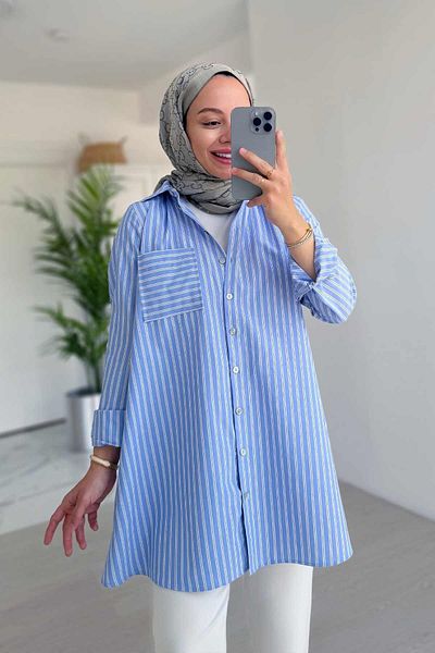 Ka Hijab Cămașă oversize cu dungi - Albastru