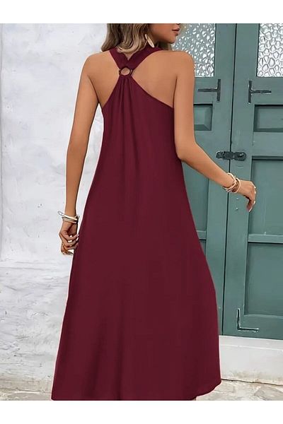 modaserdem Women's Strappy V-Neck Maxi Length Viscose Dress with Ring Detail