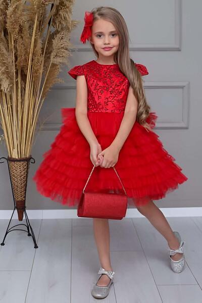 Riccotarz Girl's Ivy Embroidered Skirt with Ruffle Detail on the Shoulders Red Evening Dress with Tulle Layers
