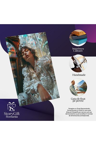 StoryGift Romania Tablou Canvas: Model Feminin În Costum Alb Și Detalii Cu Machiaj Auriu- Portret Artistic Pictu