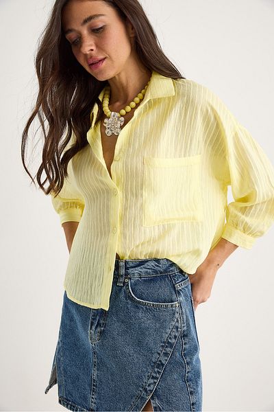 Bianco Lucci Women's Self-Striped Half Sleeve Single Pocket Detailed Viscose Shirt 2108 60283328