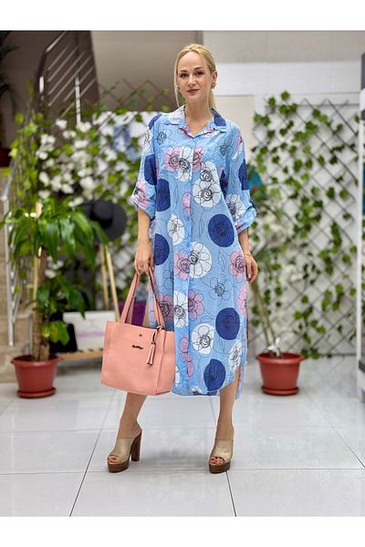 Punta Otantik Yg301005 Italian Coton Pareo Shirt Dress Blue