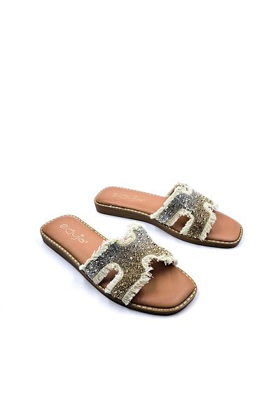 Guja Beige Women's Slippers with Flat Sole Stones and Tassels
