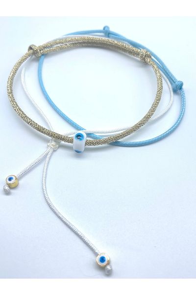 Concept HuBuTU 3 Pieces Minimal Murano Evil Eye Beaded Gold Paracord and Korean Floss Summer Anklet Set