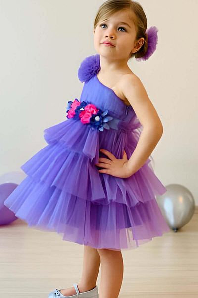 Riccotarz Girl's One Shoulder Waist Flower Embroidered Ribbon Detailed Layered Tulle Lilac Evening Dress