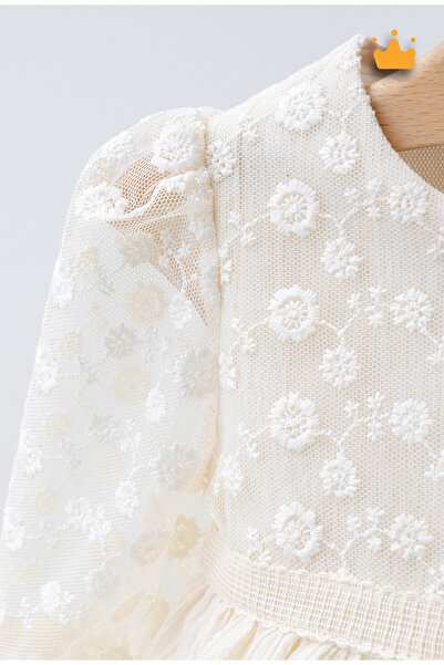 Mymio 0-5 Yaş Kız Bebek Çocuk Keten Dantelli Uzun Kollu Brodeli Tül Yazlık Bayramlık Elbise 4375