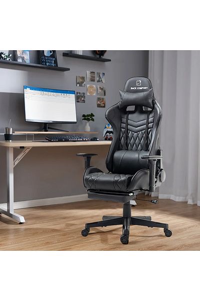 BACK COMFORT Luxury Gaming Chair with Reclining Backrest, Premium Leather, Neck and Foot Support