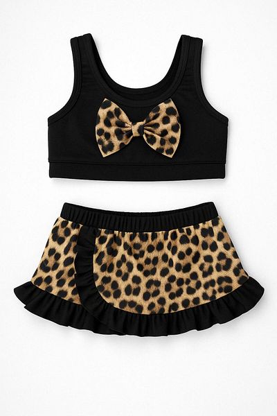 Trend Bebe Butik Girl's Skirted Bikini Set 2 Pieces |   Leopard Patterned Frilly Model |   4-12 Years Summer Swimsuit