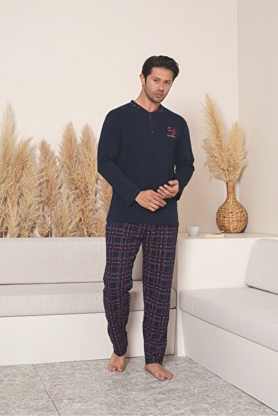 BSM Чоловічий довгий рукав чотири сезони бавовняний трикотаж у клітинку темно-синій піжамний комплект
