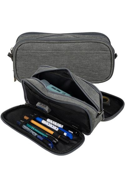 zola Storage pencil case, 3 compartments, 24 x 8.5 x 11 cm, grey
