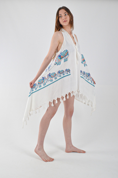 REİNA TEKS Асиметрична віскозна куртка-накидка синього кольору з малюнком філі, бавовняний пляжний одяг, 1 штука, парео, пляжний одяг