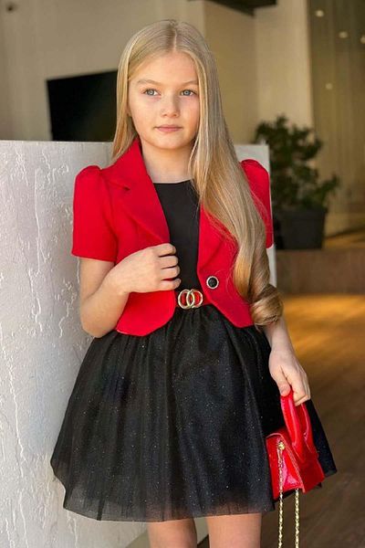 Riccotarz Girl's Watermelon Sleeve Blazer Jacket Zero Sleeve Skirt Silvery Black Dress