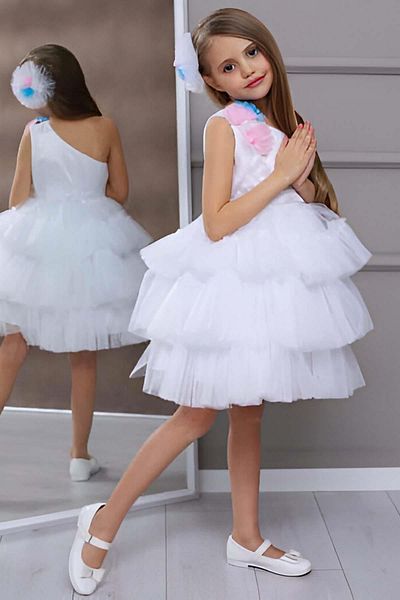 Riccotarz Girl's One Shoulder Waist and Shoulder Flower Embroidered Ribbon Detailed Fold Tulle White Evening Dress