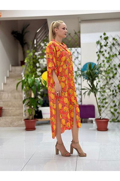 Punta Otantik Yg302003 Italian Coton Pareo Shirt Dress Pomegranate