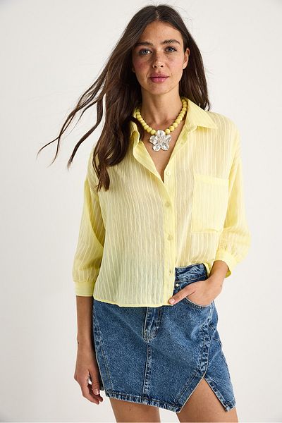 Bianco Lucci Women's Self-Striped Half Sleeve Single Pocket Detailed Viscose Shirt 2108 60283328