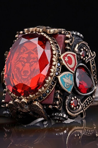 Diriliş Takı Kırmızı Zirkon Taş İçerisi Bozkurt Gümüş Yüzük