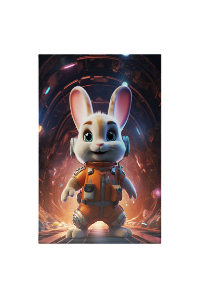 StoryGift Romania Tablou Canvas: Iepurele In Costum Portocaliu Cu Urechile Lungi Si Ochii Albastri Cu Casti Gri