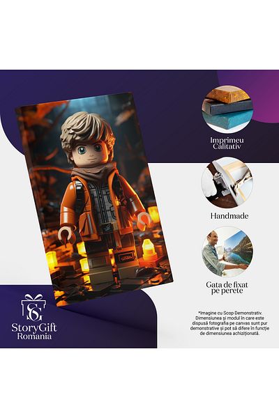 StoryGift Romania Tablou Canvas: Baiat Cu Esarfa La Gat Si Ochi Mari Cu Par Bej Si Ghiozdan Cu Jacheta Portocali