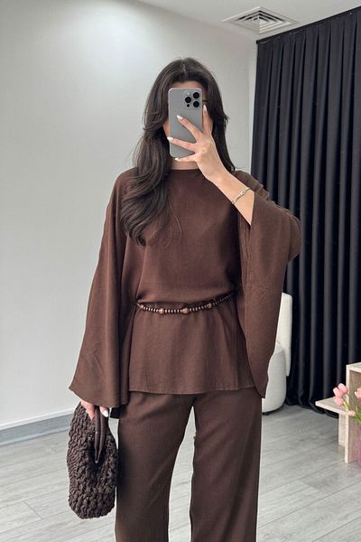 My Blog Brown Beaded Belted Cape Suit - 8693