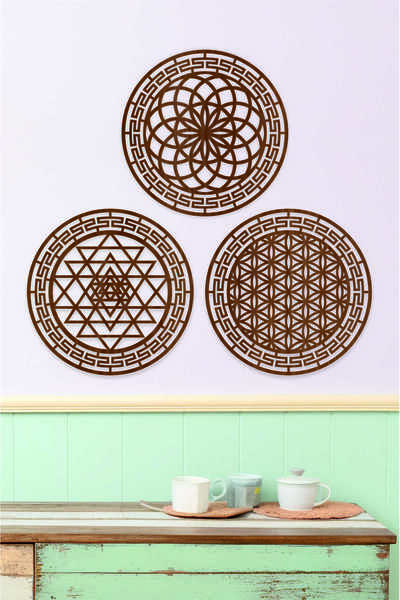 UNT Σετ Ιερής Γεωμετρίας 4 τεμαχίων από MDF, με Λουλούδι της Ζωής, Σρι Γιάντρ...