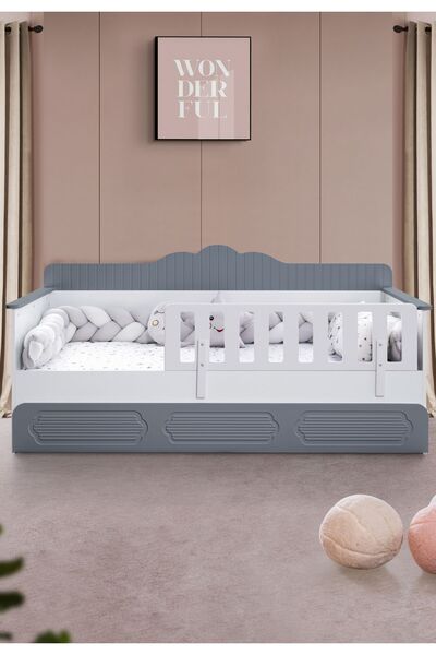 Setay Yavrulu Karyola, Flower Yavrulu Montessori Karyola - Gri + 2 Adet Comfort Yatak