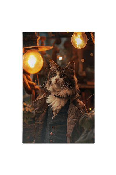 StoryGift Romania Tablou Canvas: Chipul Unui Motan In Trup De Om Si Becuri Aprinse - Fixare , Privire Pictura Di