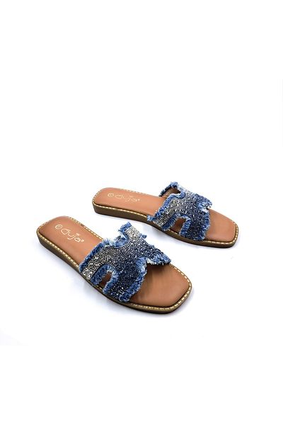 Guja Papuci de damă cu fund plat și ciucuri din denim albastru
