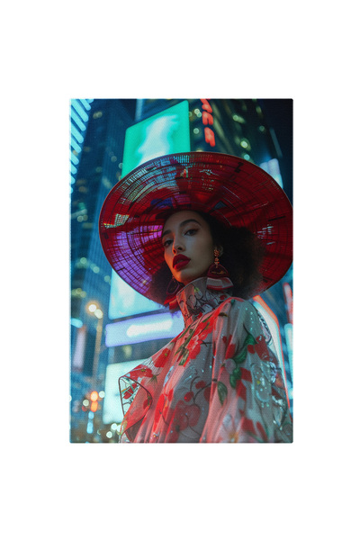 StoryGift Romania Tablou Canvas: Femeie Cu Palarie Rosie In Rochie Cu Model D...